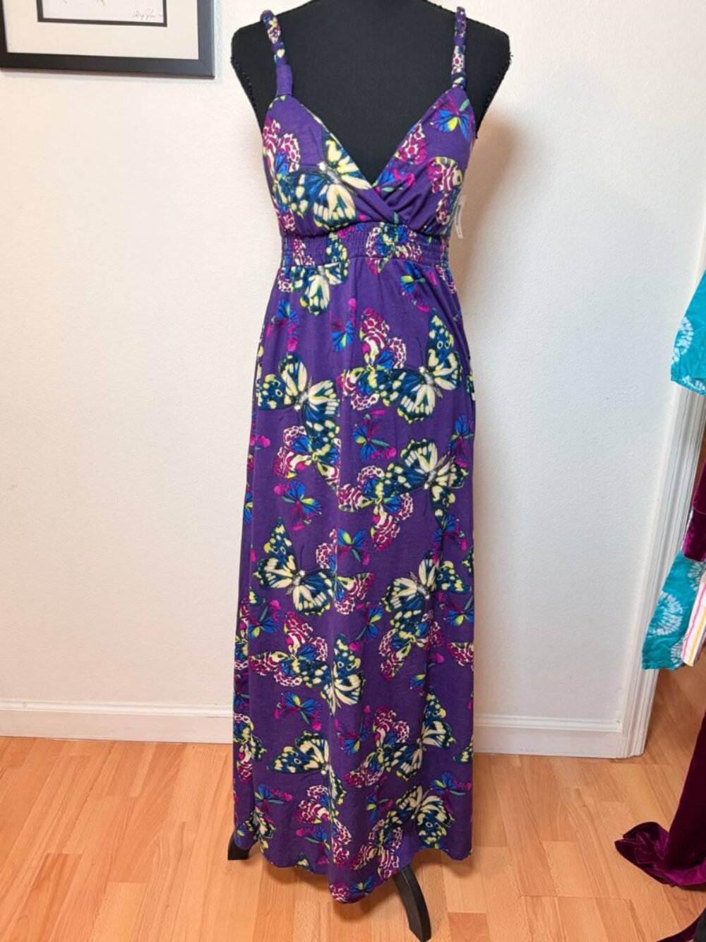 No Boundaries NWT Purple Butterfly Print Maxi Dress M Boho Braided Strap Beach
